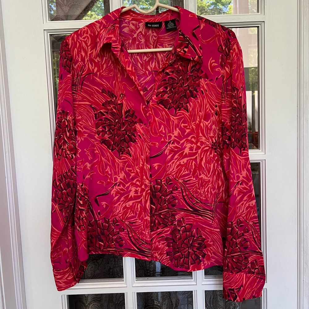 Hot Pink Silk Floral Long Sleeve Button-Up Blouse